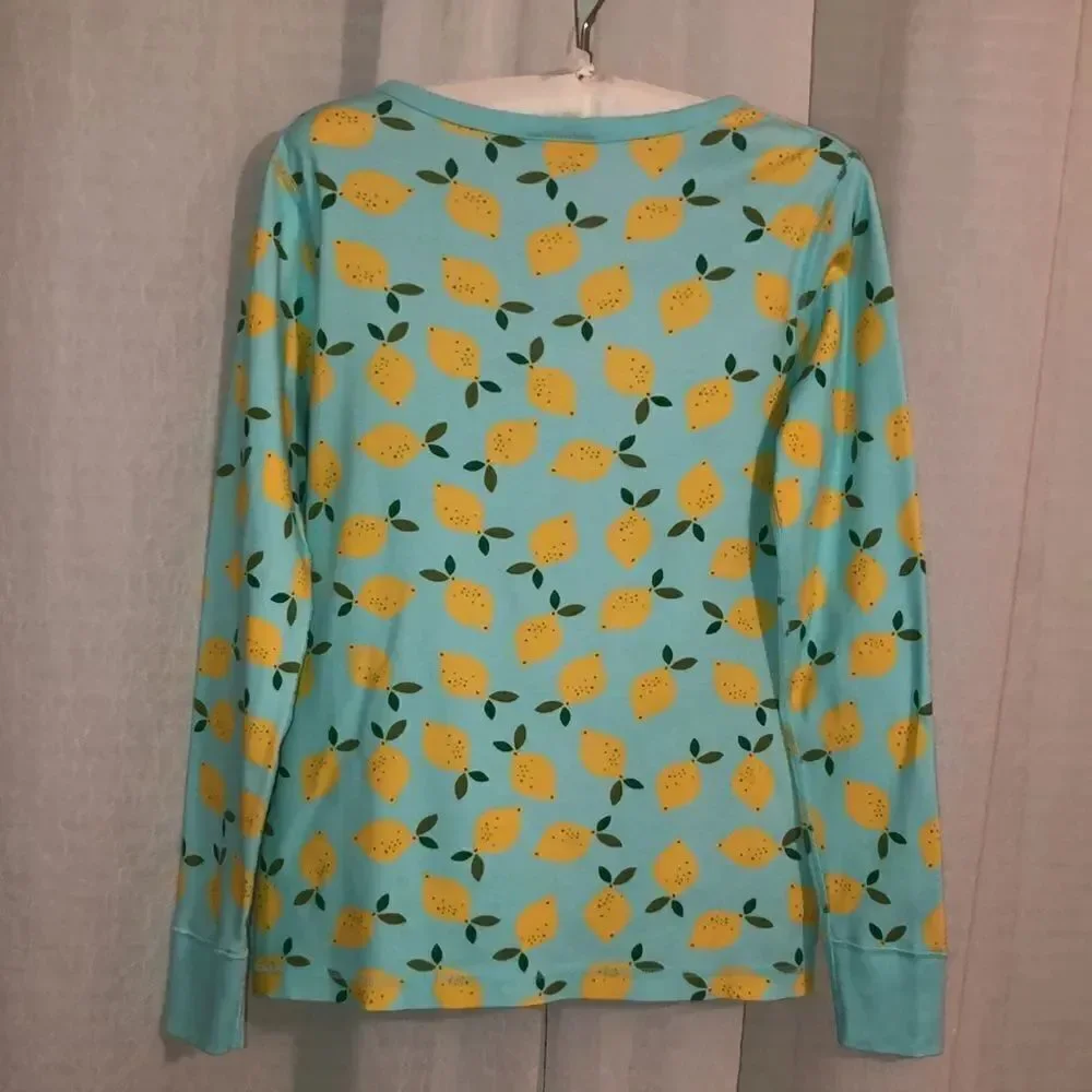 HA M Mint Green Yellow 💯Organic Cotton Long Sleeve Pajama Top Lemon Print